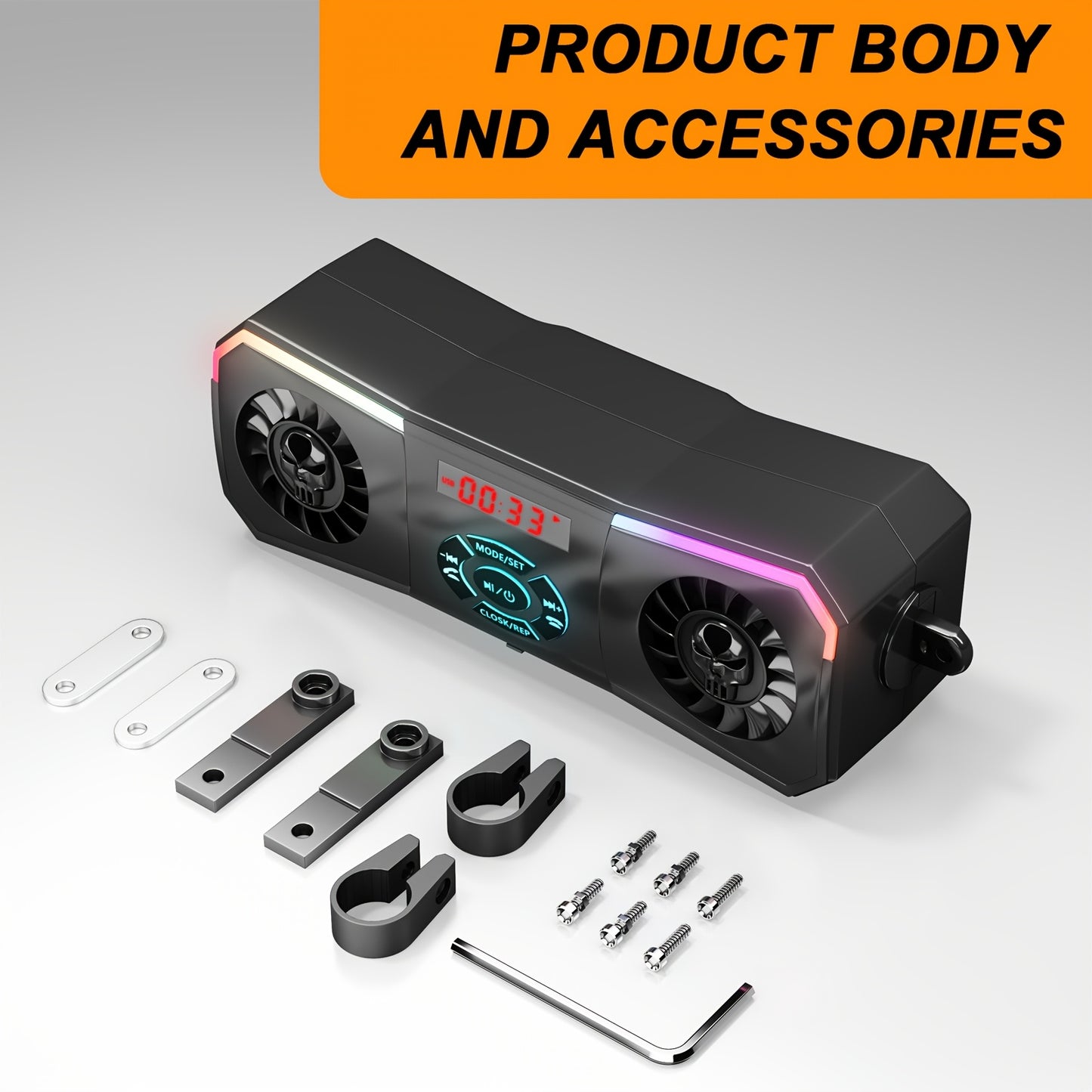 PUREVOX Motorcycle Speakers Wireless Stereo Audio System 12V Handlebar Mount MP3 Player AUX-in USB FM Radio No Charging Function Without Battery