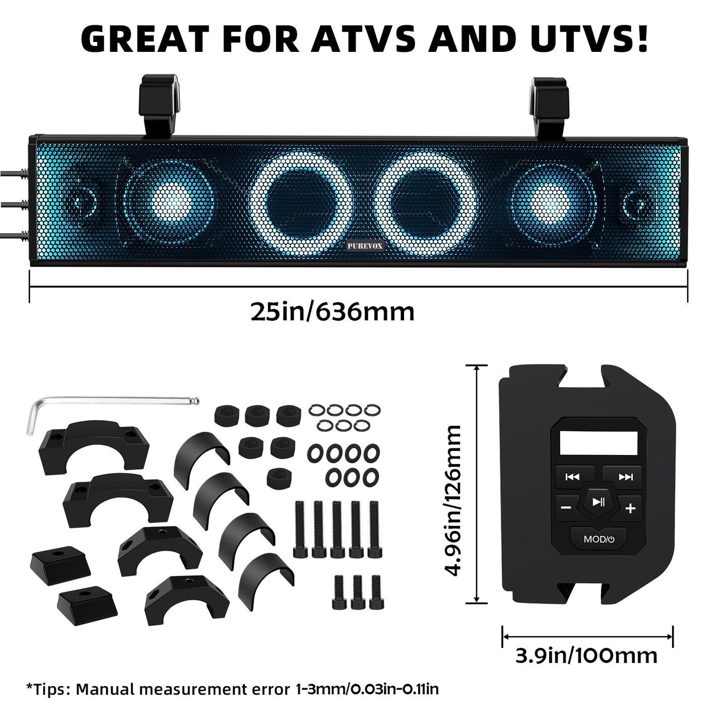 UTV/ATV 26 Inch Soundbar 4-Speaker Waterproof Bluetooth with Multicolor LED Lighting