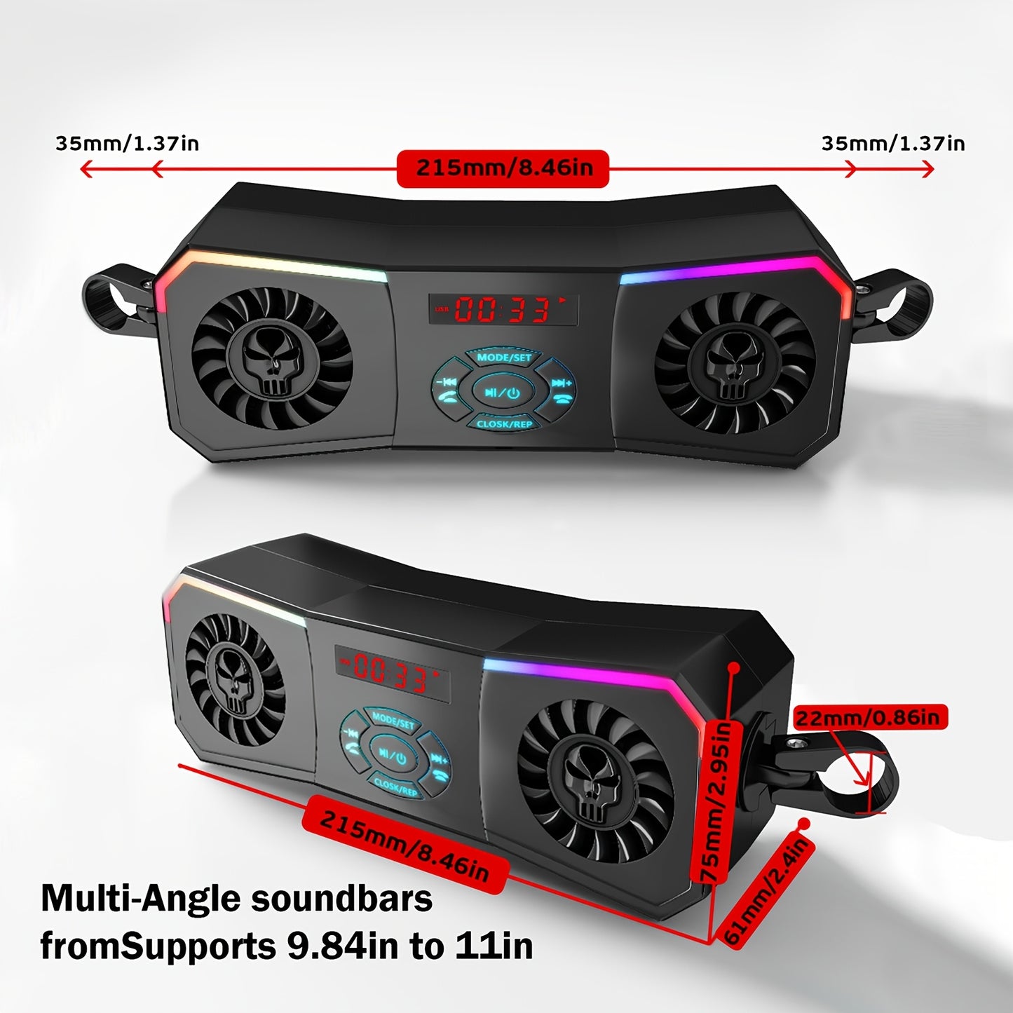 PUREVOX Motorcycle Speakers Wireless Stereo Audio System 12V Handlebar Mount MP3 Player AUX-in USB FM Radio No Charging Function Without Battery