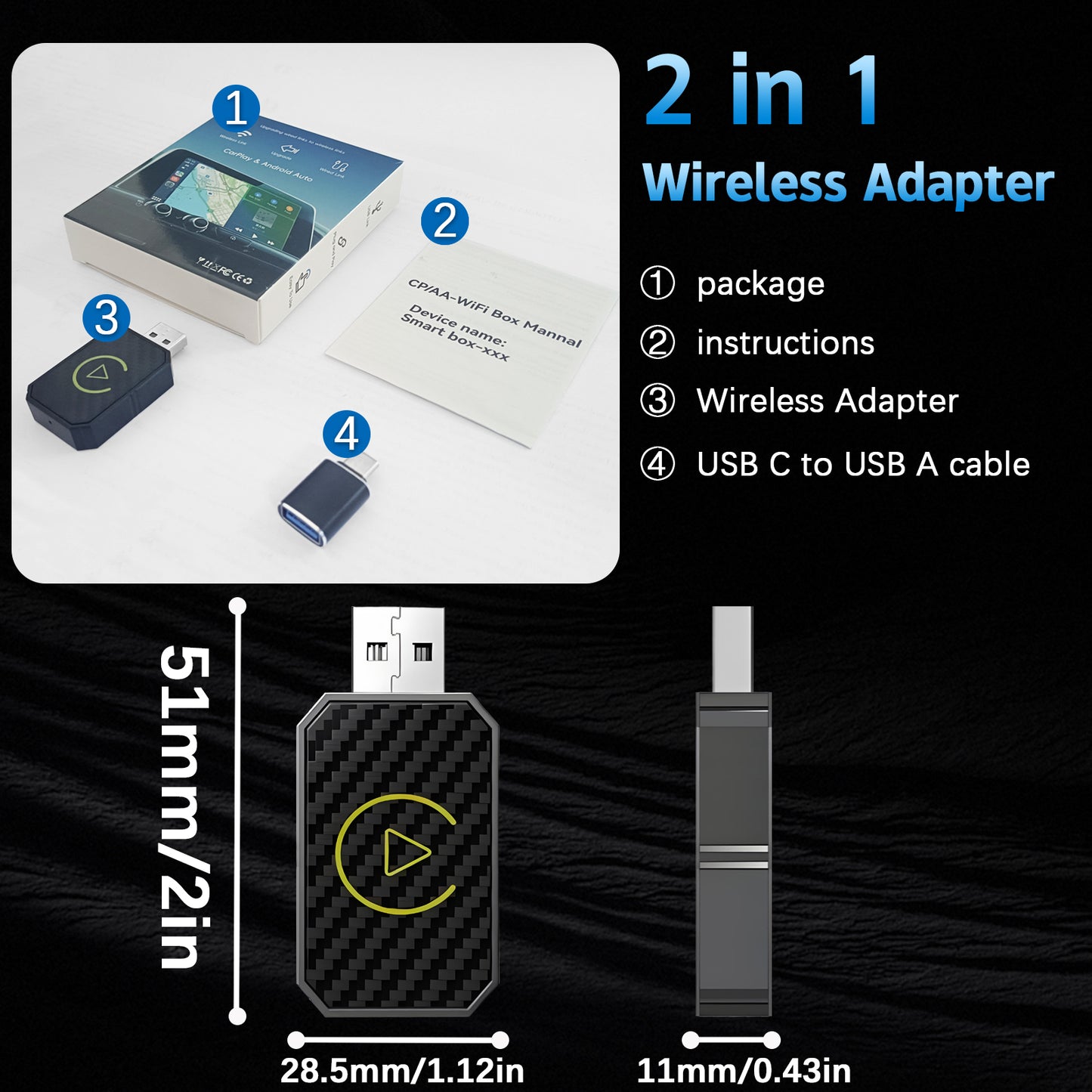 2-in-1 Wireless Adapter for Smartphone Auto Convert Wired to Wireless Car Play Adapter