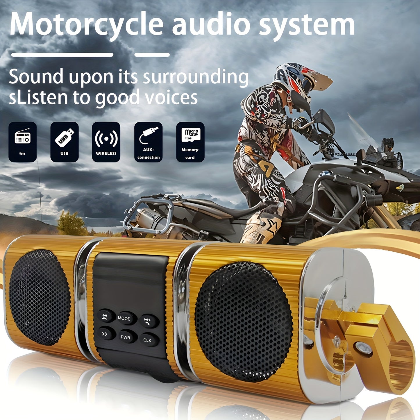 PUREVOX Motorcycle Sound Bar with Built-in Amplifier Wireless USB & AUX Inputs FM Radio 12V Metal MP3 Player for Off-Road Bikes