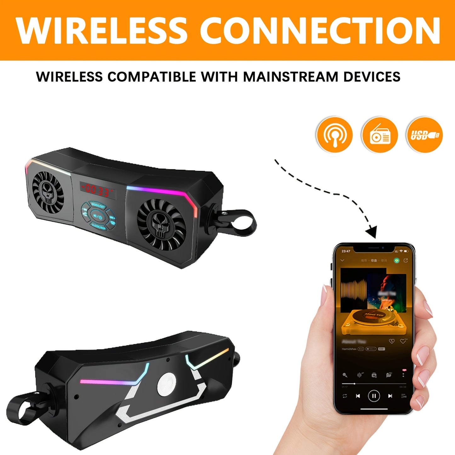 PUREVOX Motorcycle Speakers Wireless Stereo Audio System 12V Handlebar Mount MP3 Player AUX-in USB FM Radio No Charging Function Without Battery