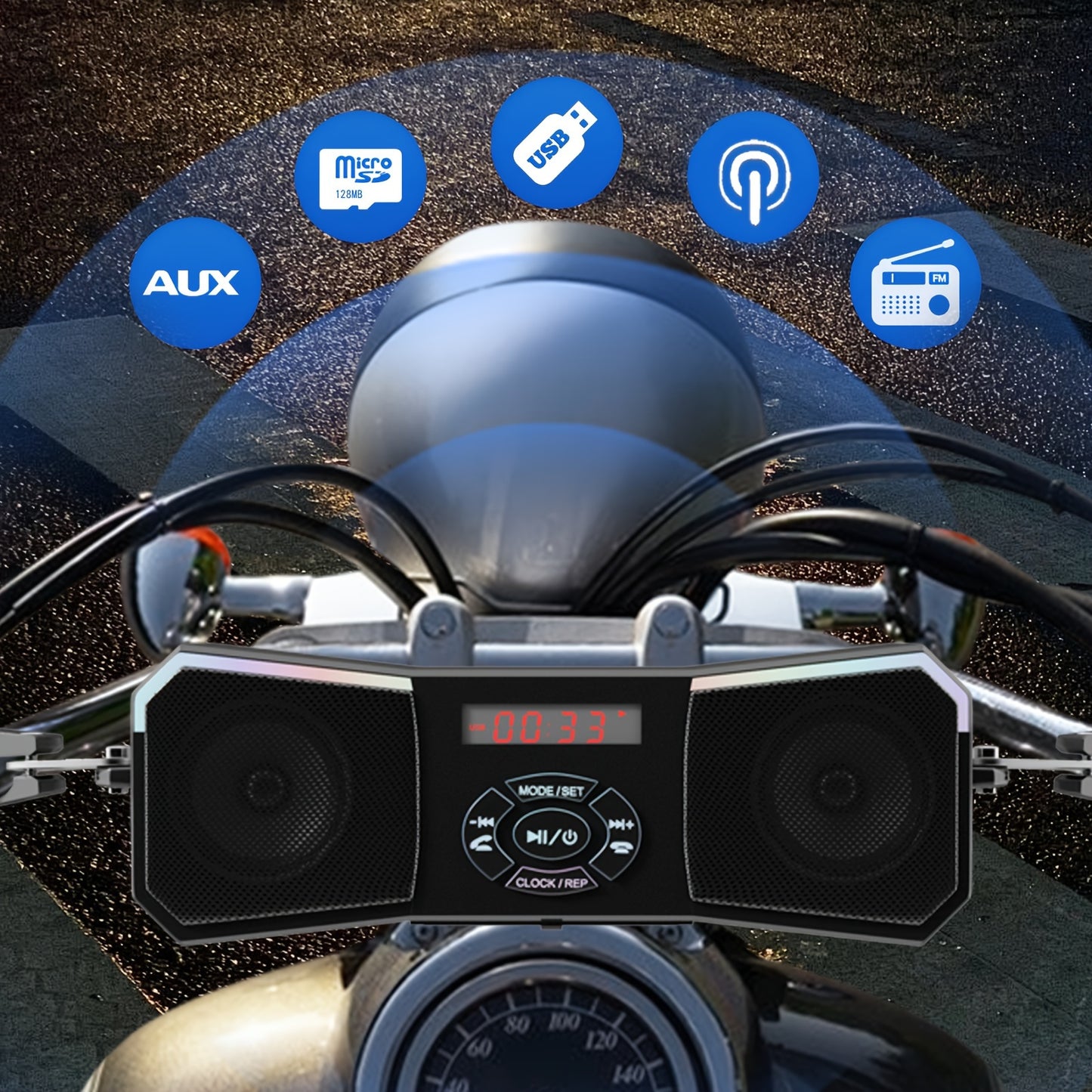 PUREVOX Off-Road Motorcycle Speakers 12V Wireless Stereo Audio System Handlebar Mount MP3 Player AUX-in USB FM Radio No Charging Function Without Battery