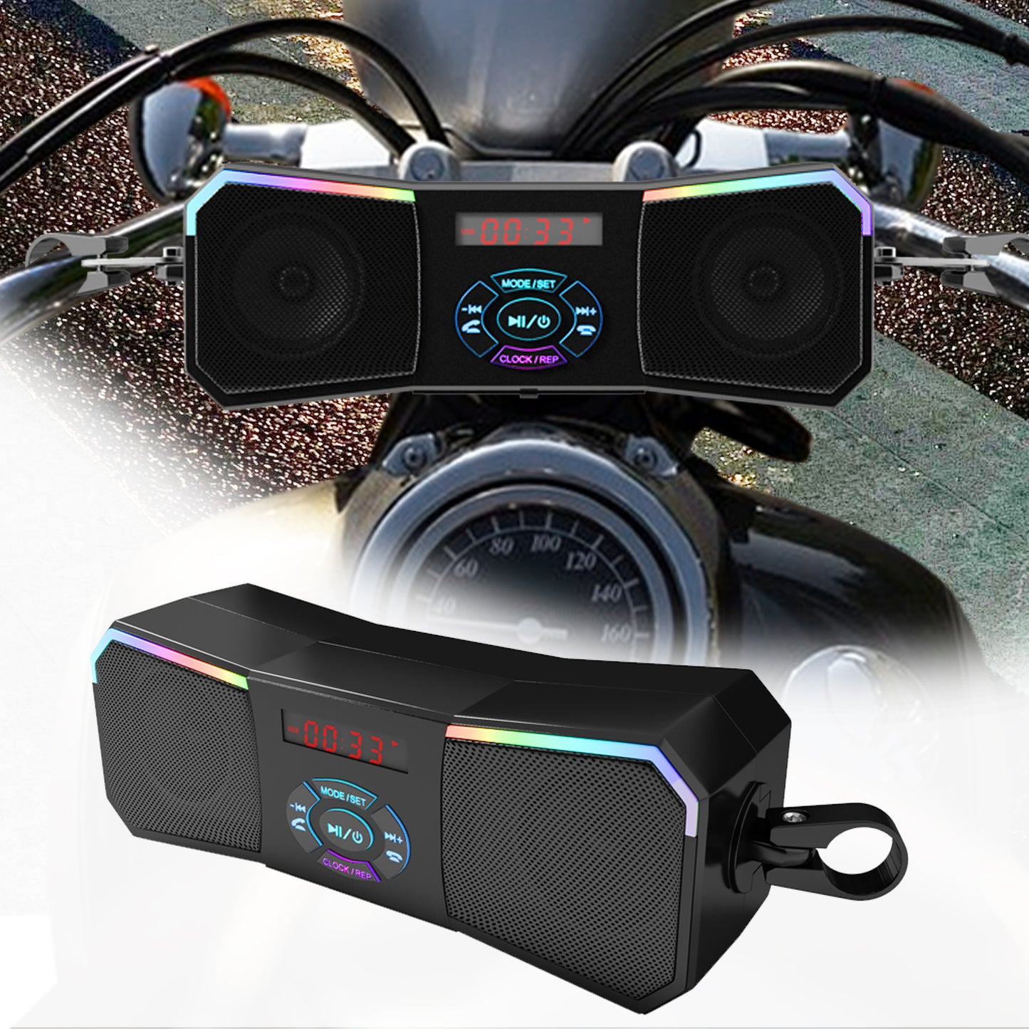 PUREVOX Off-Road Motorcycle Speakers 12V Wireless Stereo Audio System Handlebar Mount MP3 Player AUX-in USB FM Radio No Charging Function Without Battery