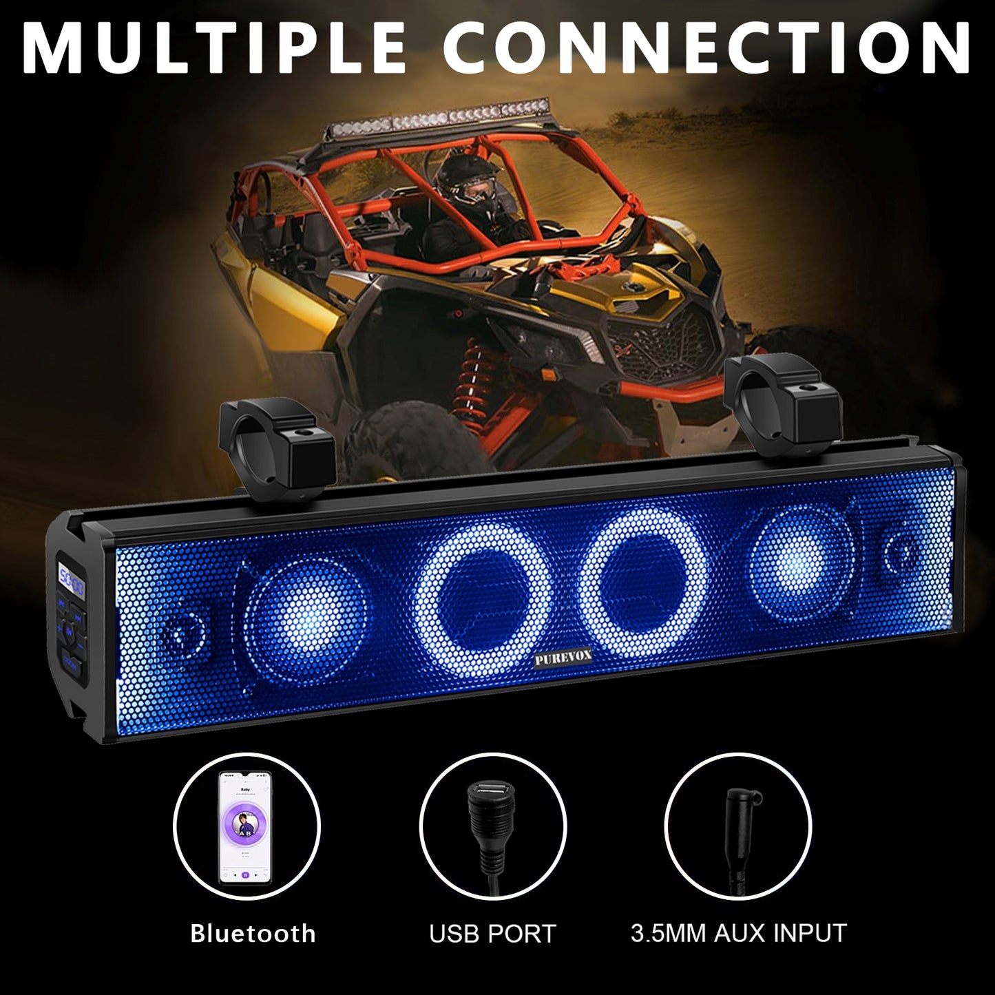 UTV/ATV 26 Inch Soundbar 4-Speaker Waterproof Bluetooth with Multicolor LED Lighting