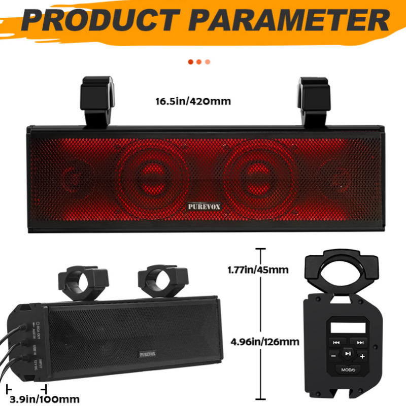 PUREVOX UTV/ATV 17" Bluetooth Sound Bar 4 Speaker Amplified Audio Waterproof with Multi-color Lighting for Golfcart Can Am