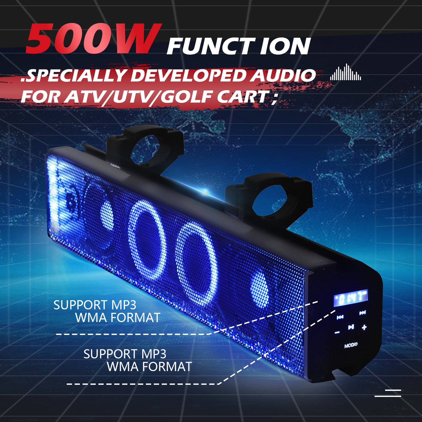 UTV/ATV 26 Inch Soundbar 4-Speaker Waterproof Bluetooth with Multicolor LED Lighting