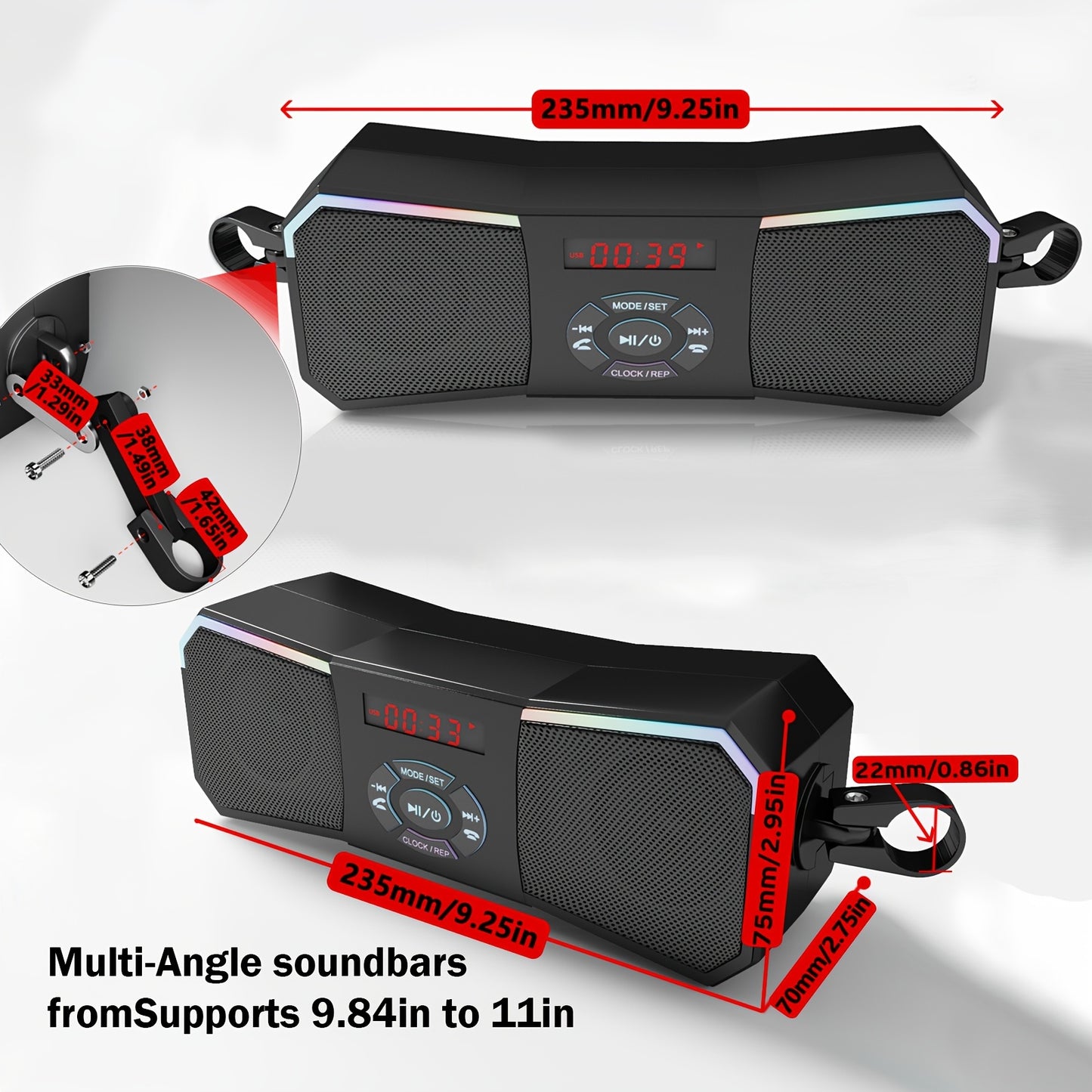 PUREVOX Off-Road Motorcycle Speakers 12V Wireless Stereo Audio System Handlebar Mount MP3 Player AUX-in USB FM Radio No Charging Function Without Battery