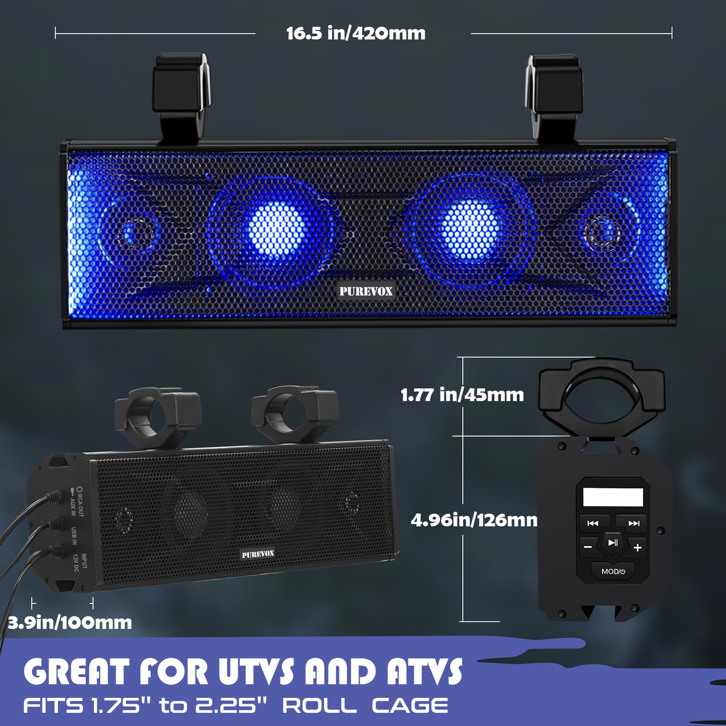 UTV/ATV 17 Inch Soundbar 4-Speaker Waterproof Bluetooth with Multicolor LED Lighting