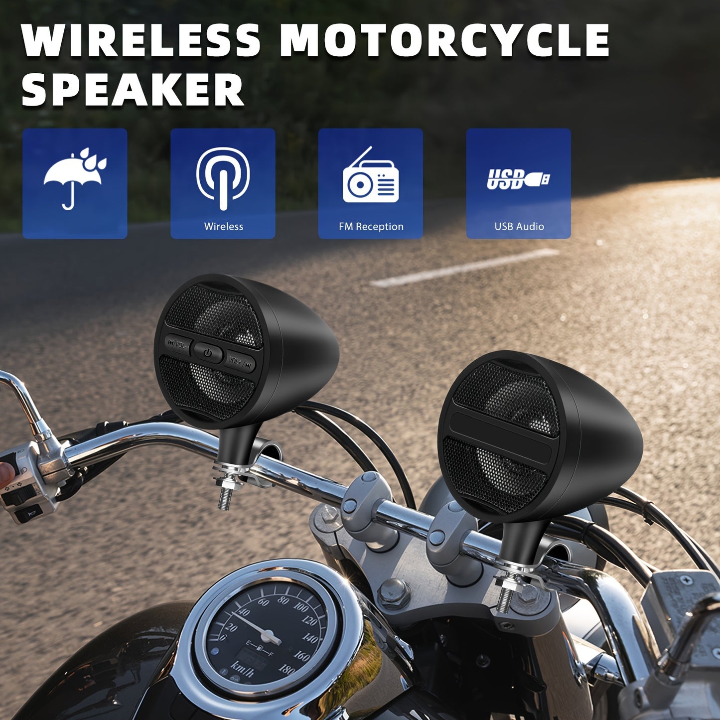 PUREVOX Motorcycle Handlebar Bluetooth Speakers Wireless Audio System with USB, AUX, Mp3 Music Player