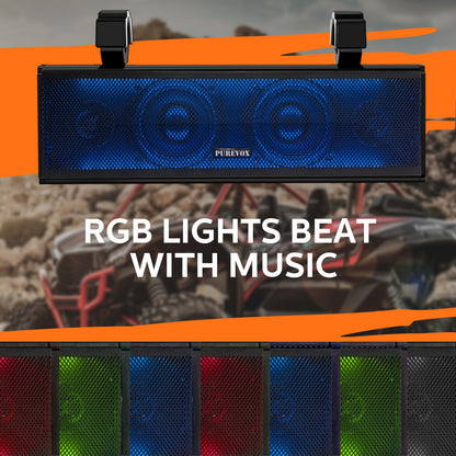 PUREVOX UTV/ATV Bluetooth Sound Bar 17" 4-Speakers SXS Audio System IP65 Waterproof with Multicolor LED Lighting