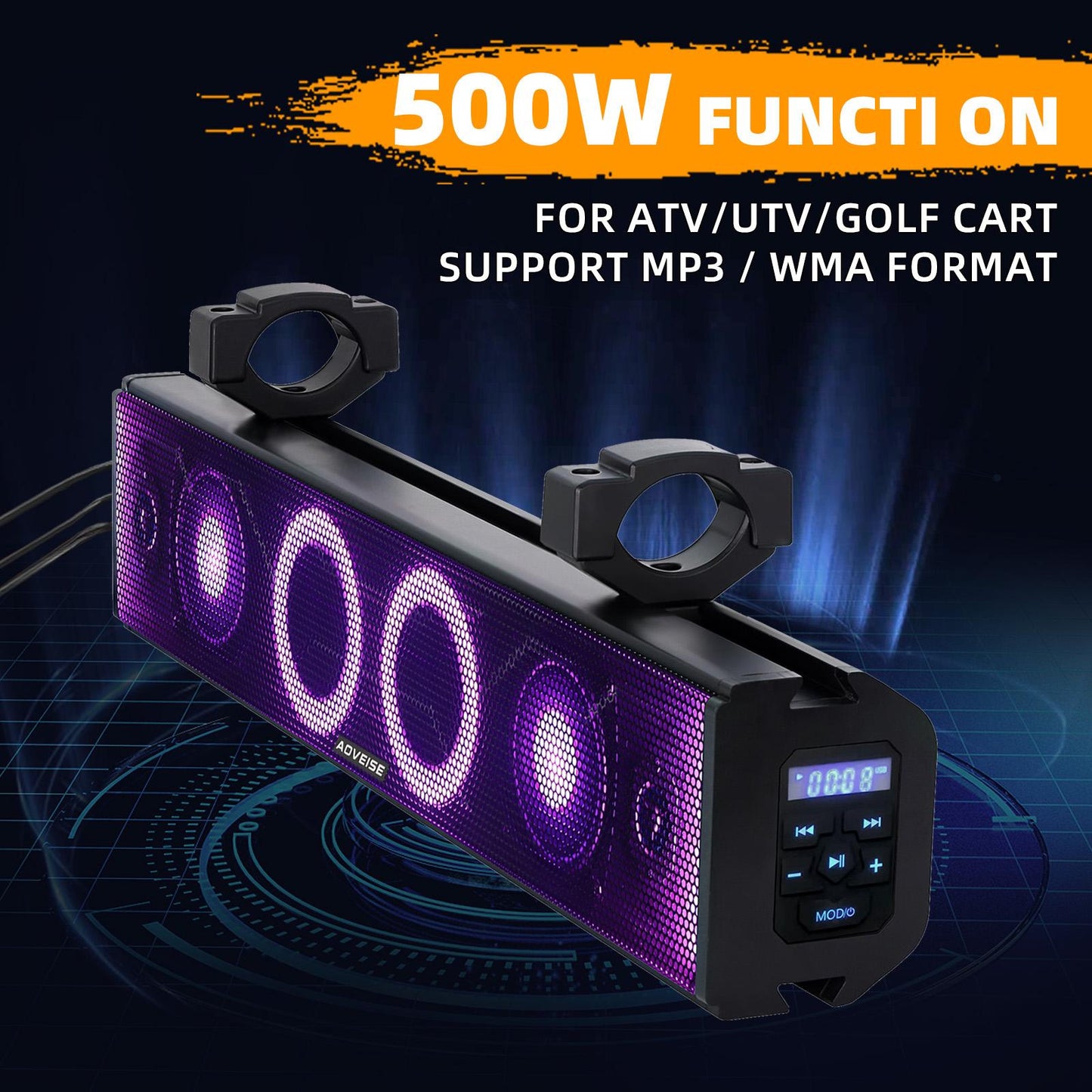 PUREVOX ATV/UTV Sound Bar 26" 4-Speakers SXS Audio System IP65 Waterproof Bluetooth with Multicolor LED Lighting for Can-Am