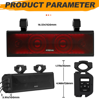 PUREVOX UTV/ATV Bluetooth Sound Bar 17" 4-Speakers SXS Audio System IP65 Waterproof with Multicolor LED Lighting